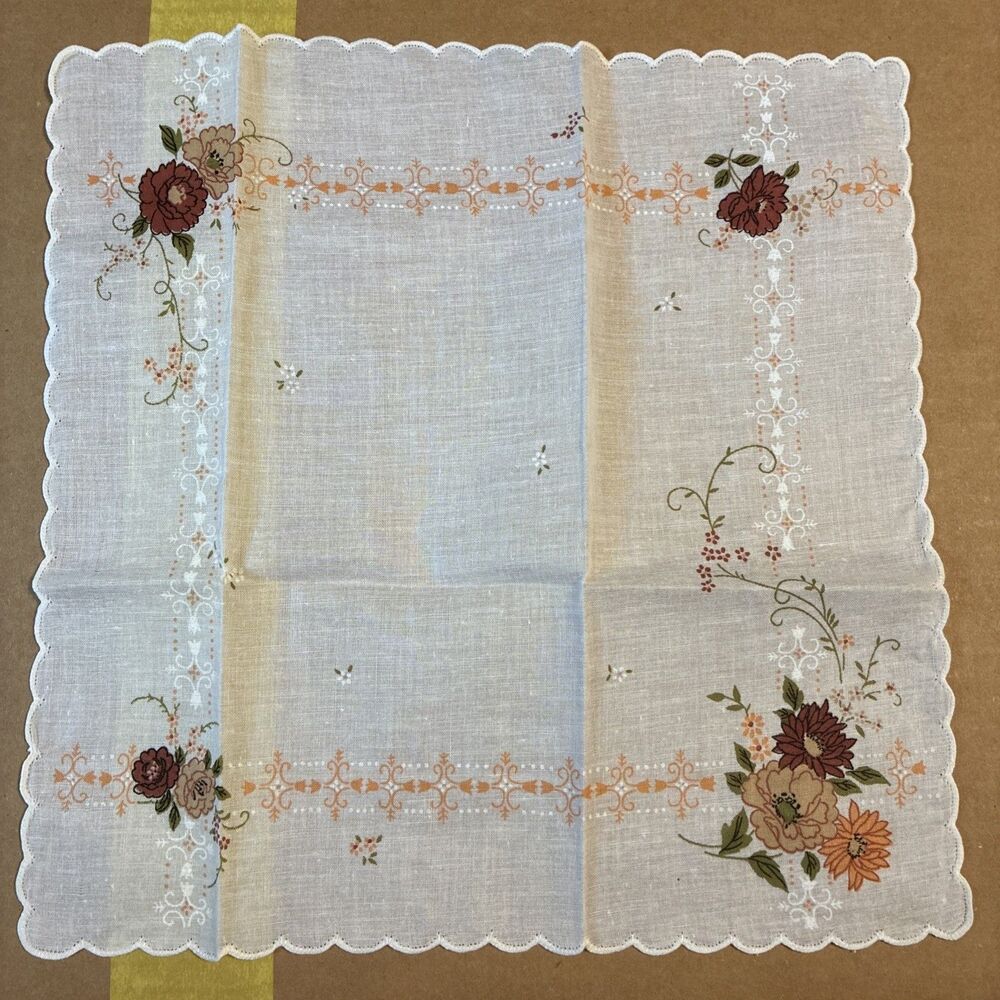 Vintage Ladies Floral Hankie White Cotton Orange Burgundy Tan  Bouquet Flowers